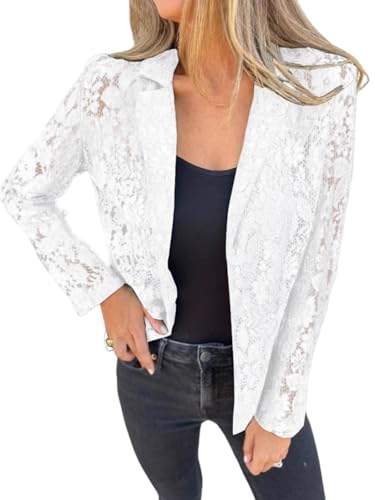 utcoco Women's Lightweight Casual Crochet Lace Blazers Y2k Sexy Hollow Out Blazer Jackets with Pockets