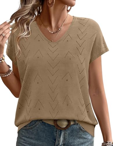 WIHOLL Chocolate Brown Fall Clothes Plus Size Fall Fashion Must Haves Early Spring Clothing 2026 V Neck Short Sleeve Tops Blouses Summer Shirts Sweater Vests Light Coffee 2XL