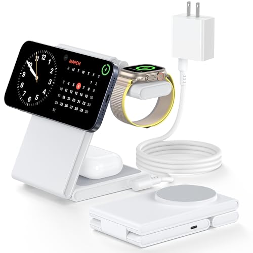 2024 Upgraded 3 in 1 Foldable Magnetic Wireless Charging Station with PD 20W USB-C Adapter, Compatible with MagSafe, Charger Stand for iPhone 15/14/13/12 Series, Apple Watch, AirPods, White