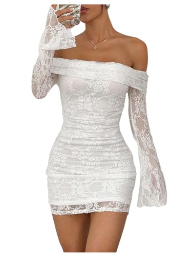 Floerns Women's Lace Off Shoulder Dress Ruched Bell Sleeve Bodycon Party Mini Dresses
