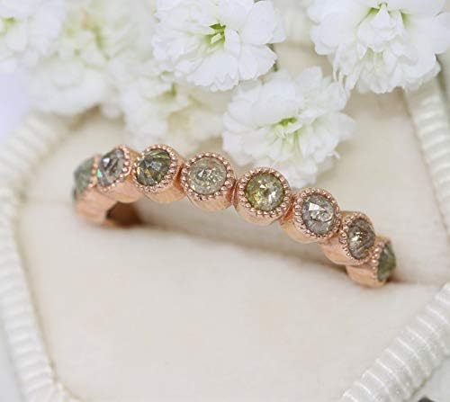 Rustic Bohemian 14k Rose Gold Wedding Ring, Boho Rose Cut Diamond Wedding Band, Multi Color Organic Nature Inspired Diamond Ring, Size 6.5