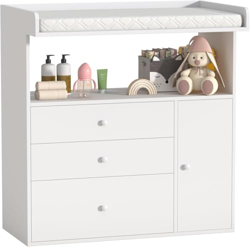 Image of Baby Changing Table Dresser with Wide Tabletop, 3 Drawers & Open Storage Space, Baby Dresser with Changing Table Top, Perfect for Baby Bedrooms & Nurseries