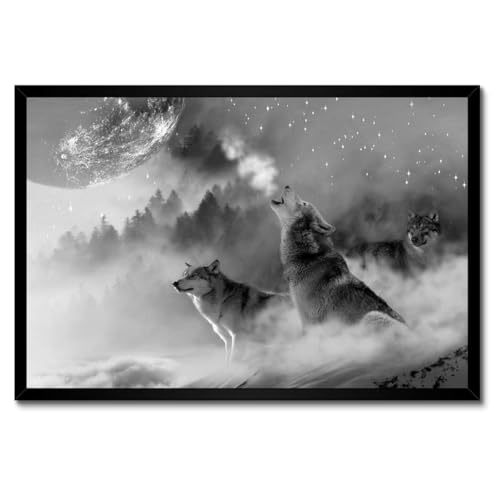 Poster de loup et lune avec cadre blanc premium 60x40 cm décoration de qualité