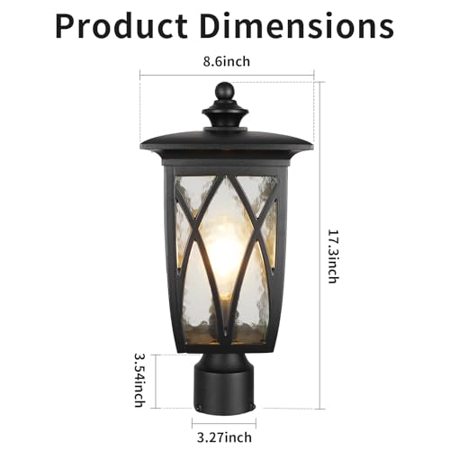Image of JYZ Outdoor Post Lights Lamp Post Light Fixture, 17.3'' Pole Lantern with E26 Base 60W Max & Waterproof Aluminum Housing Plus Water Ripple Glass,Fence Post Deck Lighting for Garden, Patio, Pathway