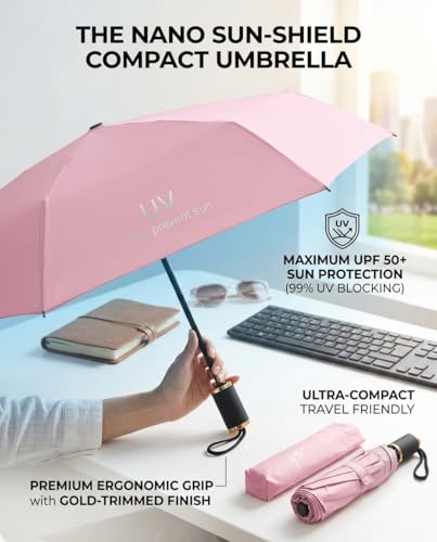 Image of TAZZY UV Protection Compact Folding Umbrella for Men & Women | Windproof, Waterproof Travel Umbrella with Storage Case | Sun & Rain Protection | Lightweight Portable Umbrella (Pink)