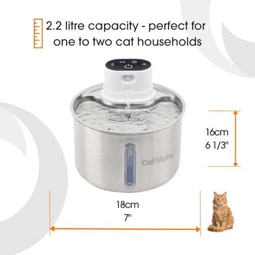 Cat Mate 2 Litre Stainless Steel Cat Water Fountain – Automatic Pet Water Dispenser for Cats, Filtered Drinking Fountain, Hygienic Metal Bowl, Battery Operated - Image 6