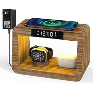 Wireless Charging Station with Clock, Desk Lamp 15W Fast Wireless Charger Night Light with 3 Color, Bamboo Wireless Charging Station Dock for iPhone/AirPod/iWatch, Gifts for Women Men
