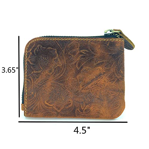 JJNUSA Genuine Leather Zipper Coin Purse Wallet With Key Car Smart Holder, Change Purse, Coin Pouch Holder For Men (Flower brown)3
