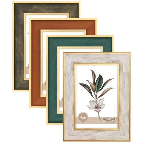 XUANLUO 4 Pack Picture Frames Farmhouse Rustic Picture Frame Sets with Distressed Wood Grain,Display Pictures Tabletop or Wall Decor (Mix Color, 4x6 (4pc))