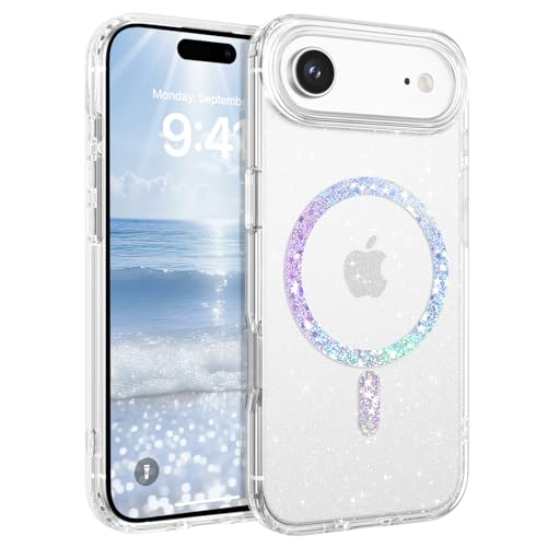 Image of DOMAVER for iPhone Air Case Glitter, Magnetic Case Compatible with MagSafe, Shockproof Military Grade Drop Protection, Slim Sparkle Bling iPhone 17 Air Cover for Women Girls, Clear