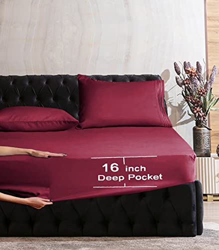 Image of Mocassi Cali King Sheet Set - Luxury Hotel 1800 Premier Bedding Sheets & Pillowcases - Ultra Soft Breathable & Cooling Bed Sheets - Deep Pocket - Wrinkle Resistant - 4 Piece - Cali King, Burgundy
