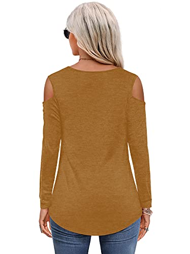 Beluring Damen Bluse Casual T-Shirts Schulterfrei Elegant V Ausschnitt Tshirt Offene Tunika Sexy Oberteil Schulter Oberteile Oversize Langarmshirts Kaffee XL