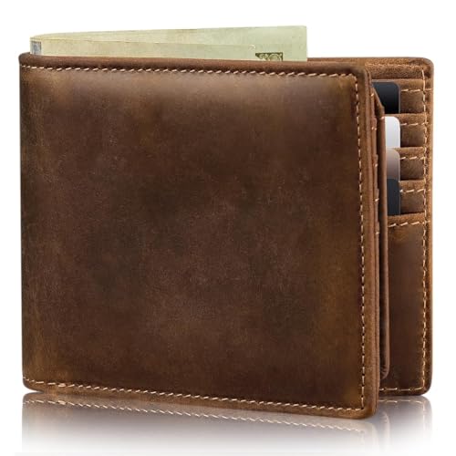 Mens Wallet Bifold Genuine Leather RFID Blocking Wallet for Men with 2 ID Windows 11 Card Holders 2 cash pockets 1 Gift Box