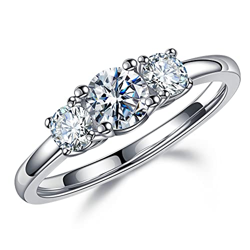 MOOSEA 3 Stone Moissanite Engagement Ring, 1ct tw D Color VVS1 Clarity, 14K White Gold, for Women Anniversary Jewelry Gift - Main Image