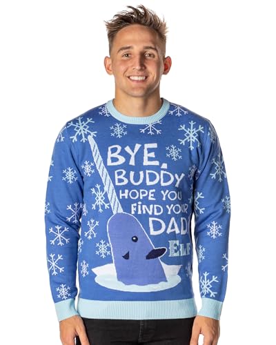 Bioworld ELF The Movie Mens Mr. Narwhal Bye Buddy Ugly Sweater for Christmas Knit Pullover (X-Large) Blue