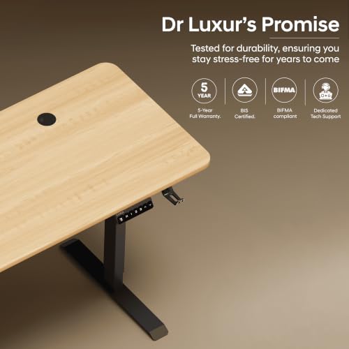 Image of DrLuxur Electric Standing Desk | Height Adjustable 70-114cm | 80kg Load | 3 Memory Presets | Zero Wobble | Child Lock | Low Noise Motor | 5 Year Warranty | Metallic Frame (Satin Maple, 1200 * 600 mm)