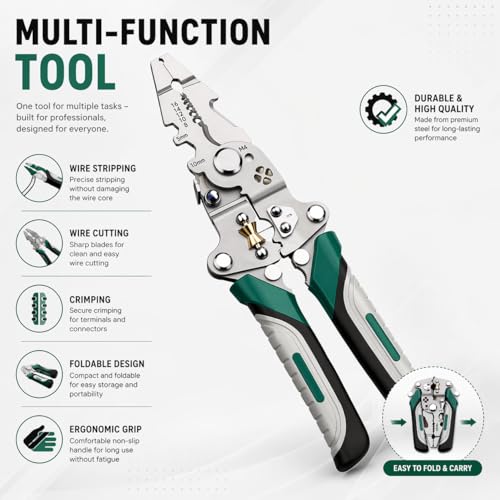 Image of 18-in-1 Wire Stripper Tool for Electricians | Heavy Duty Stainless Steel Wire Cutter, Crimping & Multi Function Pliers with Rubber Grip | Foldable Electrical Hand Tool