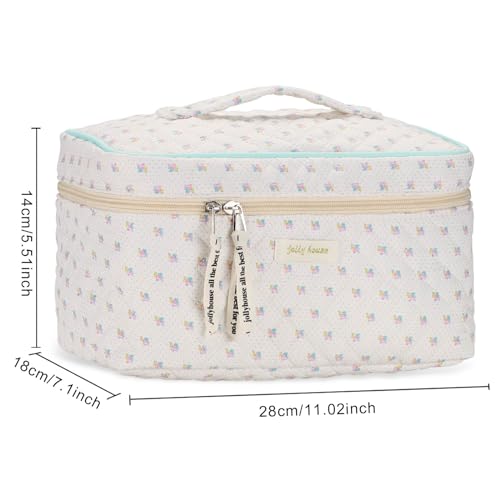 Sightor Cotton Makeup Bag, Quilted Cosmetic Bag with Handle Large Capacity Travel Toiletry Bag for Women Cute Aesthetic Floral Makeup Bag (Beige)2
