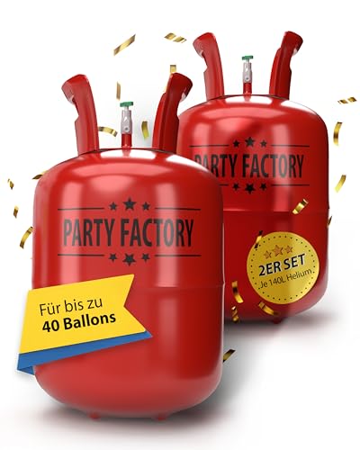 Party Factory – Helium Gasflasche 2x 140L für ca. 40 Luftballons – Partydeko Ballongas Flasche für Latex- & Folienballons – Einwegflaschen mit Knick-Füllventil – Für Partys, Hochzeiten und Geburtstage