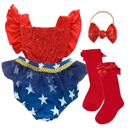 baby Girl superhero Halloween Costume customized baby girl costume superhero girl sequin romper high knee socks and matching bow (6-12M)