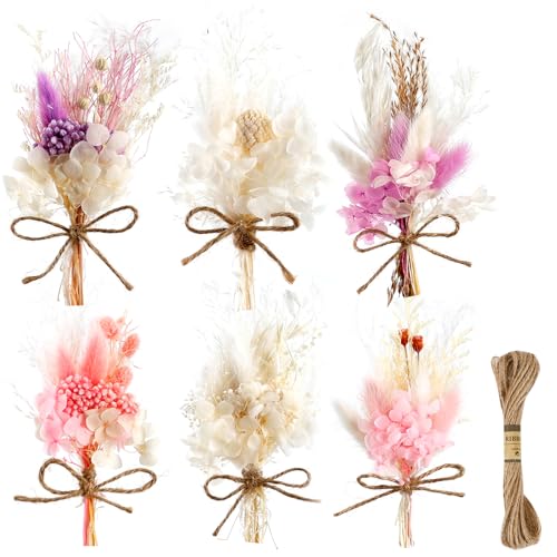 Flores Secas Naturales 6 Ramos Pequeñas con Cuerda de Yute - Decorativas Mezcladas para Decoración del Hogar, Manualidades, Fotos y Álbumes de Recortes