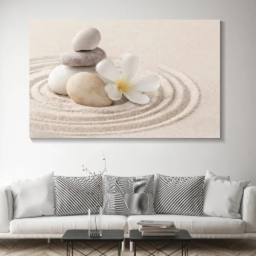Peinture zen fleurs blanches et herbe dans le sable cadre 40x60 cm