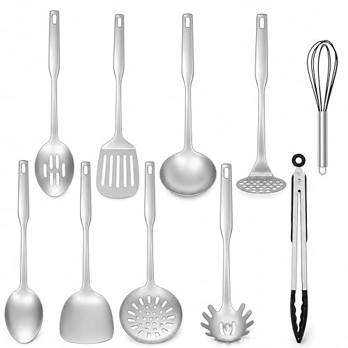Onader 10Pcs Kitchen Utensils Set Stainless Steel Cooking Utensil Set with Spatulas Turners Spoons and Potato Masher Heavy-Duty Kitchen Gadgets for Cooking Serving Easy to Clean & Dishwasher Safe