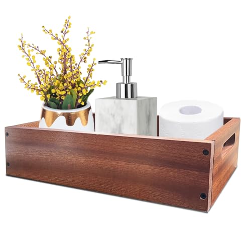 Lnond Brown Bathroom Decor Box for Toilet Paper Storage, Wooden Bathroom Toilet Tank Tray Storage Basket, Countertop Organizer Toilet Paper Basket with Handle, Easy Installation