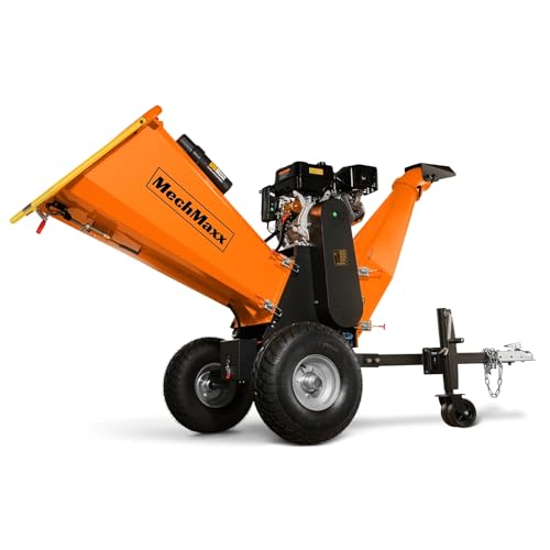 MechMaxx 6 inch ZONSEN 459cc 15hp Electric Start Gas Powered Wood Chipper Shredder Mulcher with Towbar, 6" Max Chipping Diameter Capacity,with Emergency Stop Button&Stop Bar,Model P4206 Orange