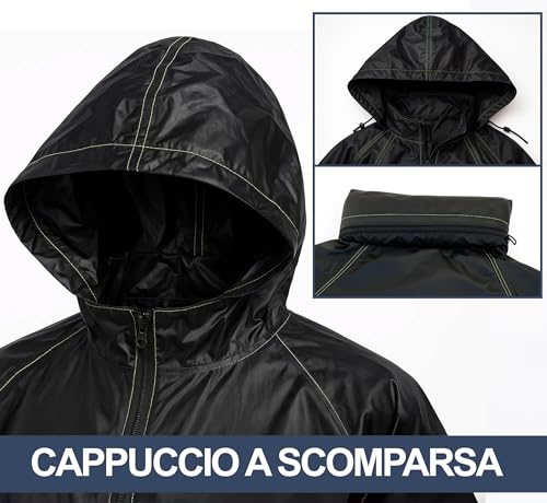 Auto Accessori Lupex Regendichte und winddichte schwarze Motorradkombination mit vollständigem Set, Regenjacke und Regenhose mit versteckter Kapuze, PVC-Größe, unisex für Damen und Herren, Schwarz