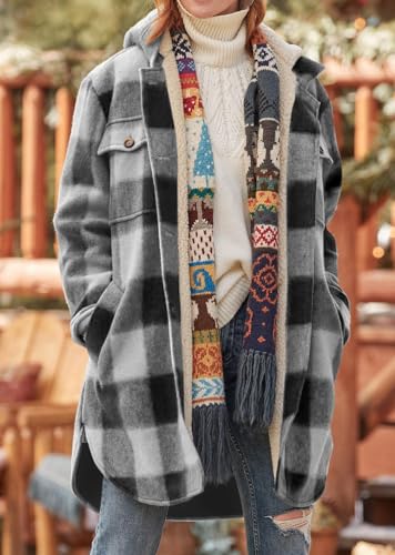 Danedvi Womens Long Flannel Shirts Jackets Casual Hooded Button Down Plaid Coat Fall Long Sleeve Shacket with Pockets3