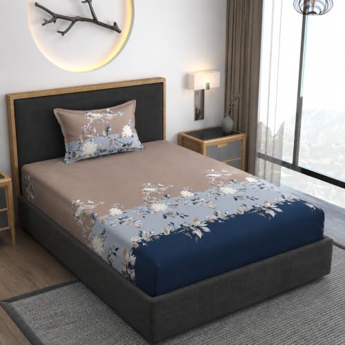Image of Vaini Premium Heavy Cotton Elastic Fitted Bedsheets with 1 King Size Pillow Covers || Single Bed with All Around Elastic 350 TC || 36 x 78 x 6 Inch Single Size Fitted || :- Blue Tricolor