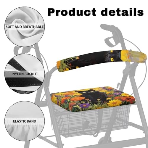 Image of Universal Rollator Walker Seat and Backrest Covers for Ladies Flower Black Cat Rollator Accessories Cute Walkers for Seniors with Seat Covers