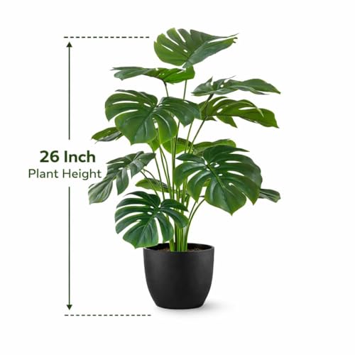 Image of Artificial Monstera Plant with Black Pot - 26 Inch (66 cm) Tall Faux Tropical Decorative Plant for Home, Office, Balcony & Living Room Decor