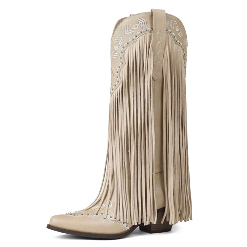 Oiamenne Beige Fringe Cowboy Boots for Women Knee High Cowgirl Western Boots Country Tassel Pointed Toe Chunky Block Heel Size 8