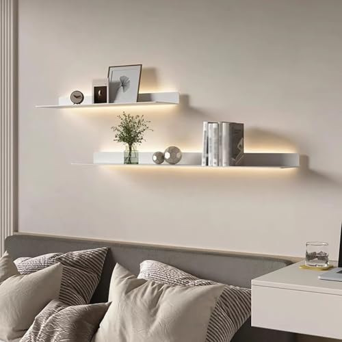 PA-DABAOO Juego De 2 Estantes Flotantes con Luces LED, Estante De Pared para Exhibición Colgante, Estantes Emisores De Luz Montados En La Pared De Metal,White 40cm