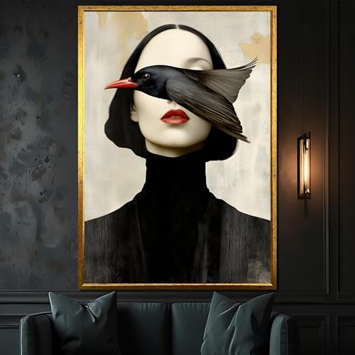 Tableau sur toile femme surréaliste oiseau pour revitaliser un mur vide sans charme 50x75cm