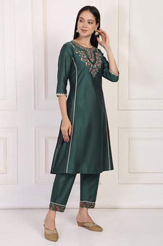 Image of W for Woman Embroidered Floral Zari Work A-Line Silk Blend Kurta with Straight Pant and Dupatta Set