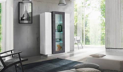 - Vetrina Kevin Credenza con tre ante Mobile da soggiorno multiuso 100% Made in Italy cm 80x38h121 lucido e Ardesia bianco