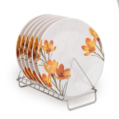 Image of Golden Fish Melamine Round Dinner Plate Set of 6 | Yellow Leaf Print | Unbreakable, Dishwasher & Microwave Safe