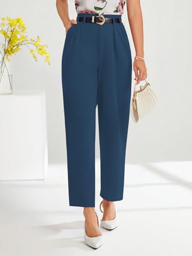 Image of Shasmi Women's High Waist Pleated Straight Leg Trousers - Elegant Solid Color Work Pants with Pockets, Casual Office Wear Polyester Blend Wide Leg Suit Pants (Trouser 235)