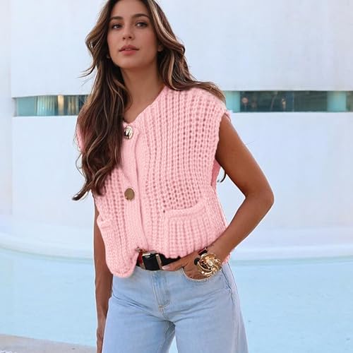 Image of Hixiaohe Womens Crochet Chunky Knit Top Sleeveless Button Down Crop Tops Trendy Cardigan Sweater Vest for Women with Pockets