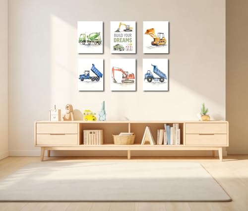 Image of Frimeeme Construction Vehicle Canvas Decor, Set of 6, 8x10 Inch | Boys Truck Wall Art, Watercolor Playroom Pictures, Unframed