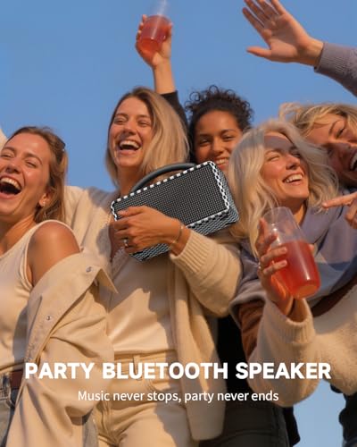 Image of DINDIN Portable Bluetooth Speaker: 80W (Peak), 20H Playtime, Loud Wireless Wood Speakers with Bass, AUX and USB Input, Subwoofer, TWS Pairing, Vintage Speaker for Outdoor, Home, Office (White+Black)