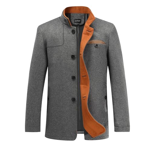 Allthemen Abrigo de lana para hombre corte entallado cuello alto chaqueta de invierno longitud media para negocios y ocio Gris L