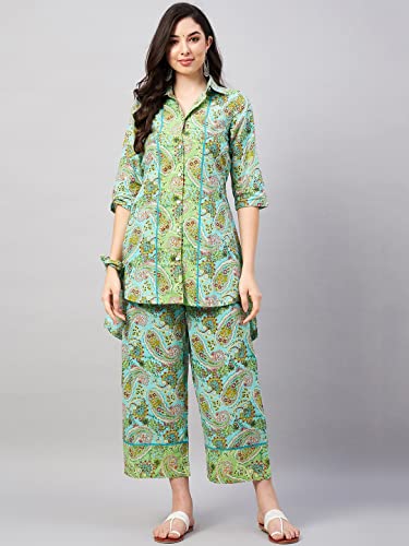 Image of WineRed Women Green Paisley Print Hi-Low Co-ord Set