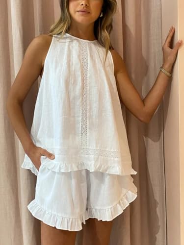 Womens Ruffle Short Set 2 Piece Outfits Fashion Summer Sleeveless Lace Trim Top and Shorts Cotton Pajama Sets3