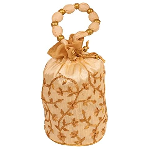 Indtresor beaded handcrafted embroidered evening purse drawstring handbag vintage party wedding gift for women. Golden Cover