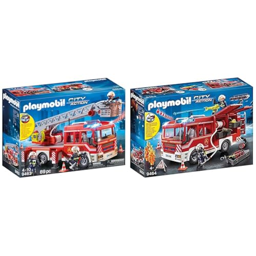 PLAYMOBIL City Action 9464 Camión de Bomberos con Luces y Sonido + City Action 9463 Camión de Bomberos con Escalera, A Partir de 4 años