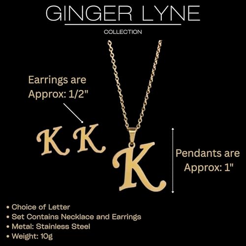 Initial Necklace and Earrings for Women by Ginger Lyne | Gold over Stainless Steel Pendant Letter with 17" Rolo Chain Lobster Claw Clasp and Stud Earrings | Gifts for Birthday or Holidays4